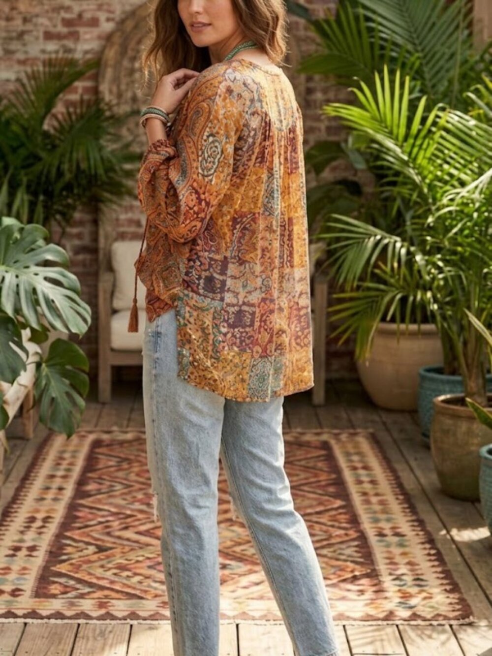 Johnny Was 100% Silk Boho Paisley Tassel Tunic Blouse size XL